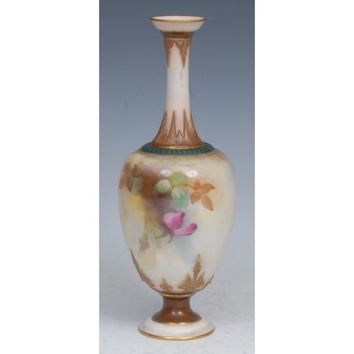 86 - A Royal Worcester Hadley's style ovoid bottle vase, painted with roses, 18.5cm high, printed crown a... 