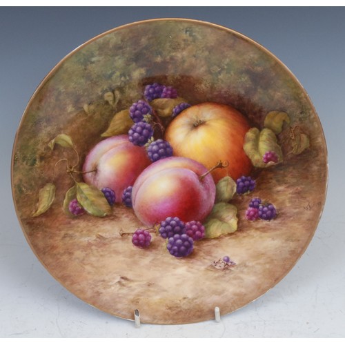 70 - A Royal Worcester circular plate, painted by Ayrton, signed, with ripe fruit on a mossy ground, gilt... 