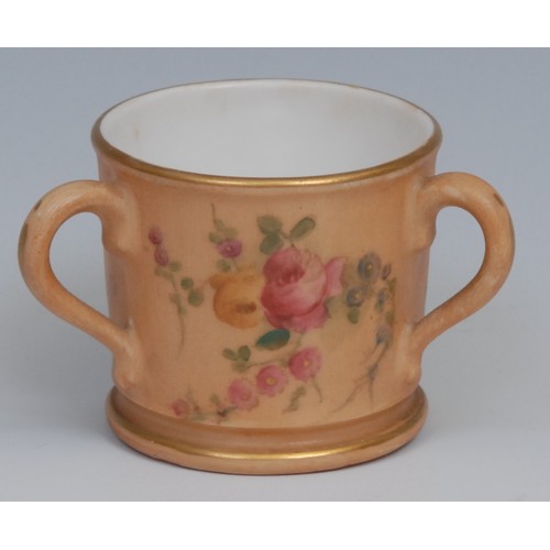 87 - A Royal Worcester Hadley's style ovoid vase, painted with roses, 9.5cm high, shape no. 302H, date co... 