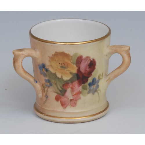 87 - A Royal Worcester Hadley's style ovoid vase, painted with roses, 9.5cm high, shape no. 302H, date co... 