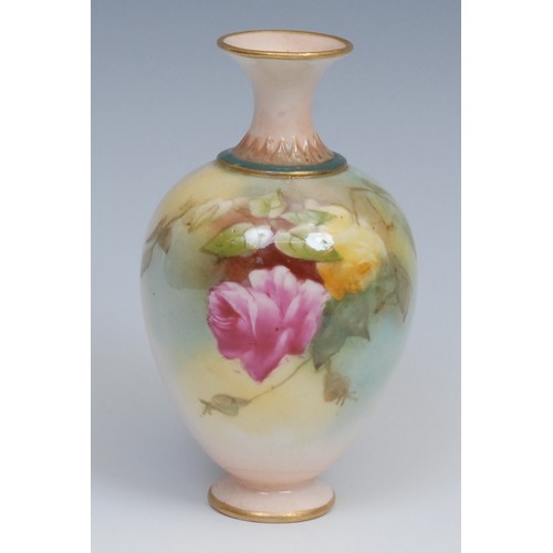 87 - A Royal Worcester Hadley's style ovoid vase, painted with roses, 9.5cm high, shape no. 302H, date co... 