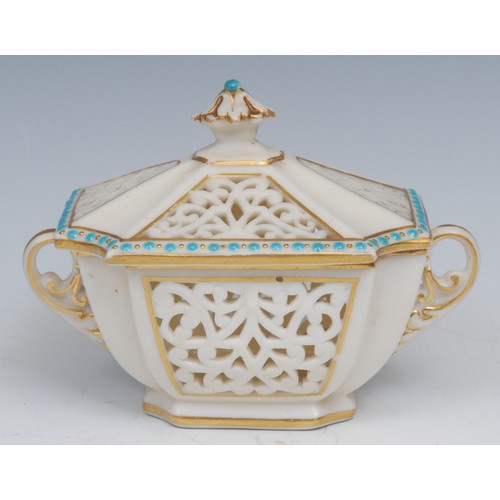 59 - A Graingers Worcester reticulated two handled shaped rectangular box and cover, gilt line borders, t... 