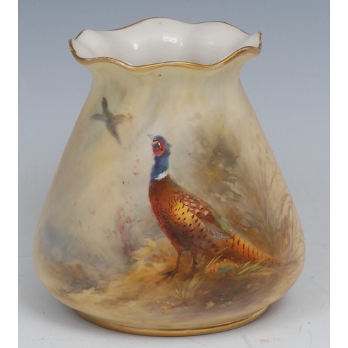 90 - A Royal Worcester ovoid vase, pie crust rim, painted by Jas. Stinton, signed, with pheasants on a mo... 