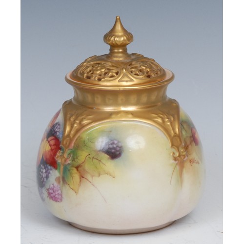 88 - A Royal Worcester lobed ovoid pot pourri vase and cover, painted by Kitty Blake, signed, with ripe b... 