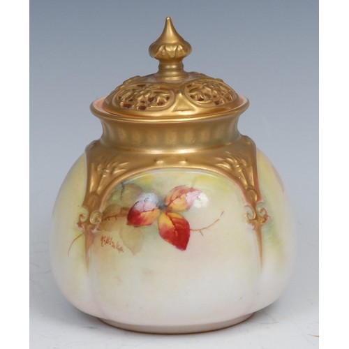 88 - A Royal Worcester lobed ovoid pot pourri vase and cover, painted by Kitty Blake, signed, with ripe b... 