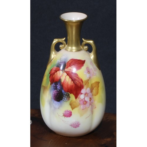 85 - A Royal Worcester fluted ovoid vase, painted by Kitty Blake, signed, with blackberries and blossom, ... 