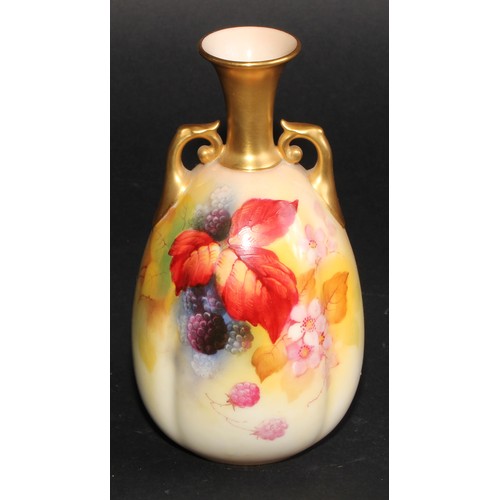 85 - A Royal Worcester fluted ovoid vase, painted by Kitty Blake, signed, with blackberries and blossom, ... 