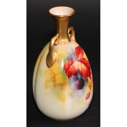 85 - A Royal Worcester fluted ovoid vase, painted by Kitty Blake, signed, with blackberries and blossom, ... 