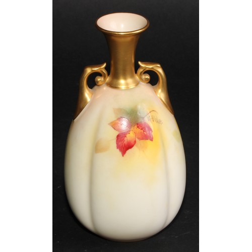 85 - A Royal Worcester fluted ovoid vase, painted by Kitty Blake, signed, with blackberries and blossom, ... 