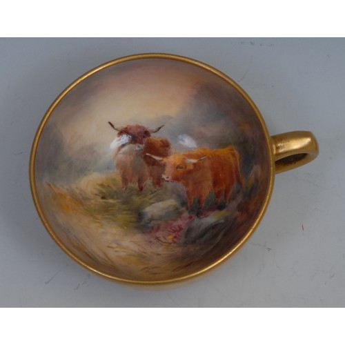 67 - A Royal Worcester cabinet cup, painted by Harry Stinton, signed, with Highland Cattle, 6cm diam, puc... 