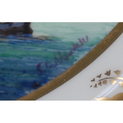 143 - A Lynton plate, painted by Stefan Nowacki, signed, with a martitme scene, Unloading the Catch, 22cm ... 