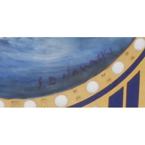 139 - A Lynton coffee can and stand, painted by  Stefan Nowacki, signed, with a seascape, tall ship on a c... 