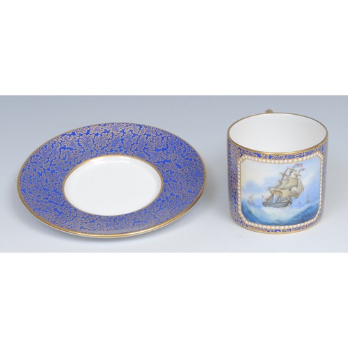 144 - A Lynton Porcelain hand painted coffee can and saucer, British Man of Warships on the high seas, pai... 