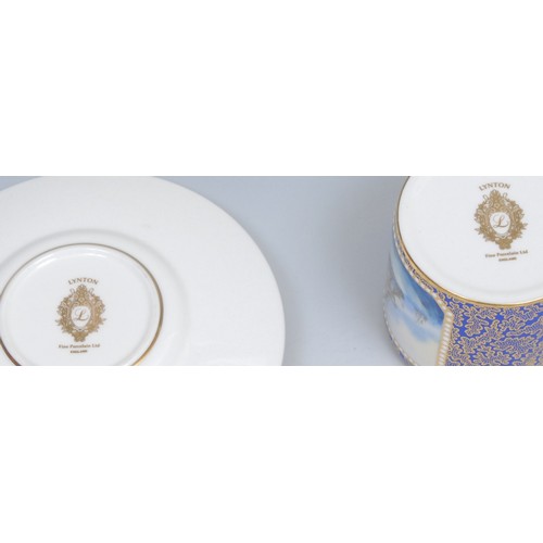 144 - A Lynton Porcelain hand painted coffee can and saucer, British Man of Warships on the high seas, pai... 