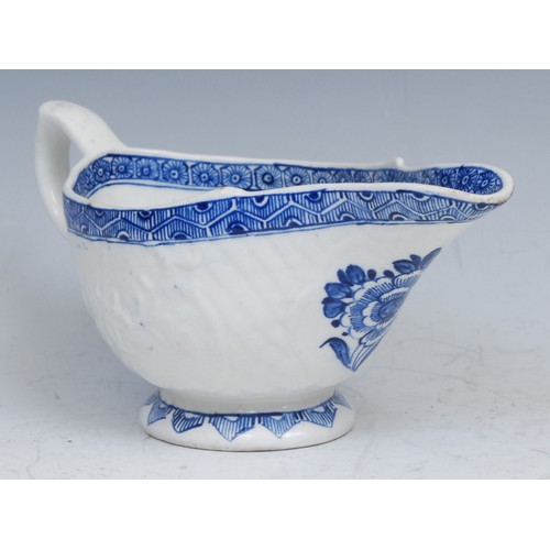 117 - A Derby patch mark sauceboat of unusual shape, moulded with panels of raised flowers surrounded by b... 