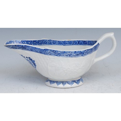 117 - A Derby patch mark sauceboat of unusual shape, moulded with panels of raised flowers surrounded by b... 