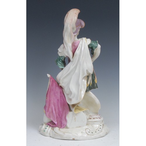 113 - A Derby patch mark figure, of Mars as a centurion, he stands wearing a feathered helmet, chain mail ... 