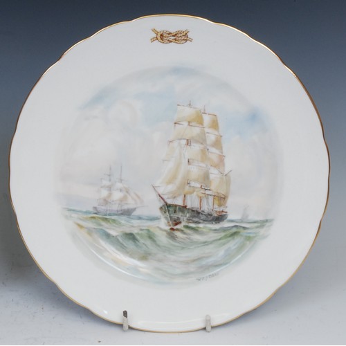 125 - A pair of Royal Crown Derby shaped circular plates, painted by WEJ Dean, signed, Tall Ships on Chopp... 