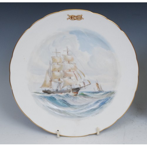 125 - A pair of Royal Crown Derby shaped circular plates, painted by WEJ Dean, signed, Tall Ships on Chopp... 