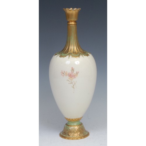 130 - A Royal Crown Derby ovoid pedestal vase, painted with an urn of flowers, picked out in gilt on a blu... 