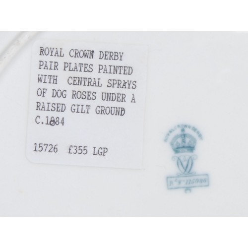 126 - A pair of Royal Crown Derby shaped circular plates, painted with central sprays of dog roses on crea... 