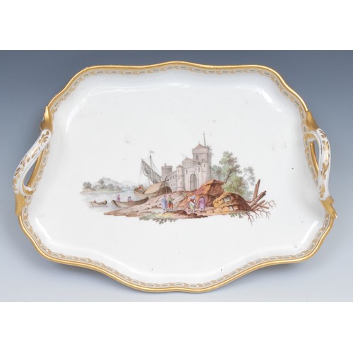 182 - A Vienna two-handled shaped rectangular tray, painted with a harbour scene, 31cm wide, shield mark, ... 