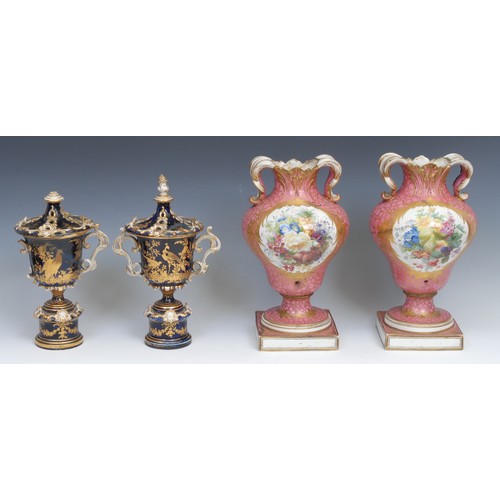 164 - A pair of Continental ogee vases, painted in the manner of Sevres, with panels of courting couples, ... 