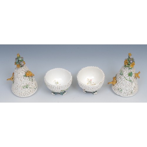 172 - A pair of schneeballen vases and covers, in the manner of Meissen, typically encrusted with snowball... 