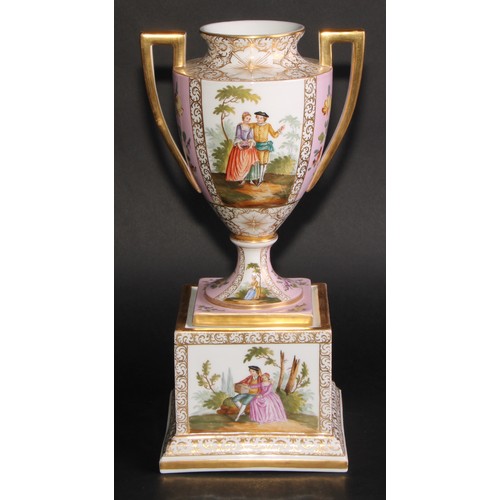 156 - A Dresden porcelain mantel urn, the ovoid vase with angular scroll handles, painted with courting co... 