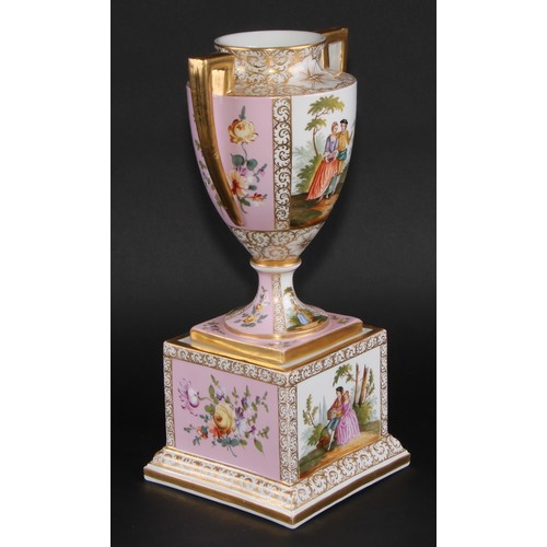 156 - A Dresden porcelain mantel urn, the ovoid vase with angular scroll handles, painted with courting co... 