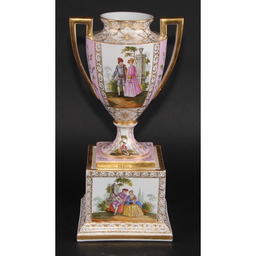 156 - A Dresden porcelain mantel urn, the ovoid vase with angular scroll handles, painted with courting co... 