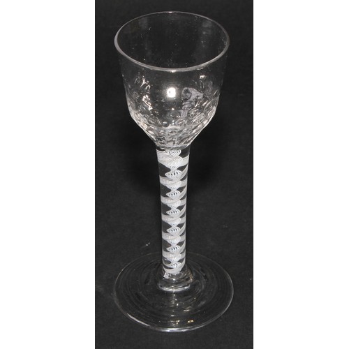 197 - A George III opaque twist drinking glass, moulded bowl, double-helix cotton twist stem, domed circul... 