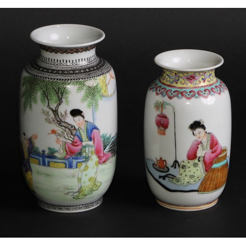 259 - A Chinese Republican ovoid vase, painted in polychrome with lady and boy in courtyard scene, script ... 