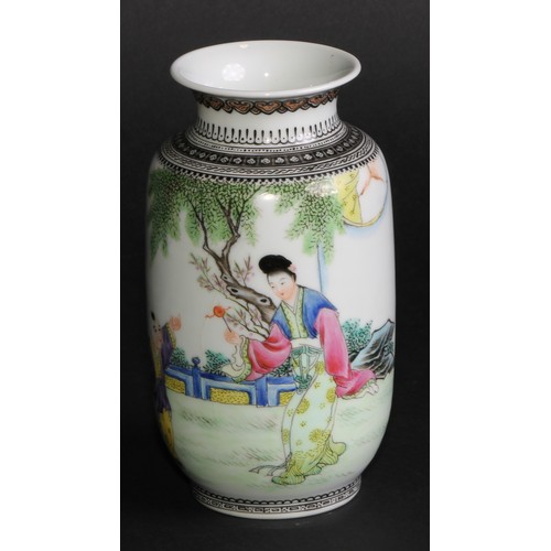 259 - A Chinese Republican ovoid vase, painted in polychrome with lady and boy in courtyard scene, script ... 