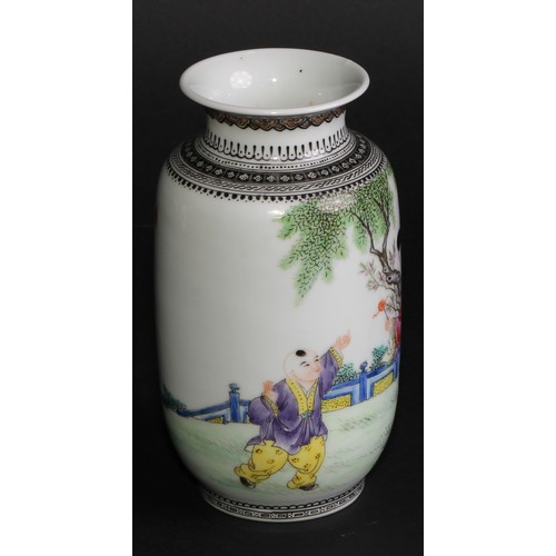 259 - A Chinese Republican ovoid vase, painted in polychrome with lady and boy in courtyard scene, script ... 