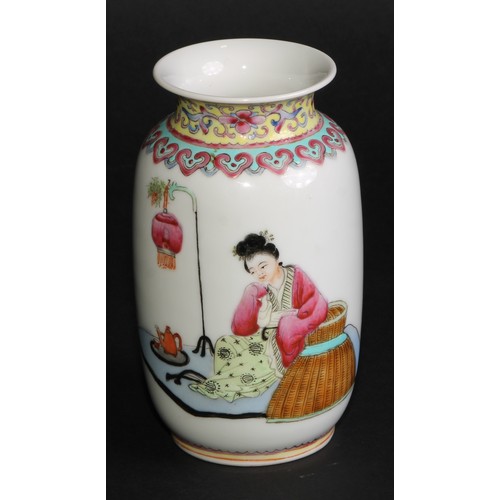 259 - A Chinese Republican ovoid vase, painted in polychrome with lady and boy in courtyard scene, script ... 