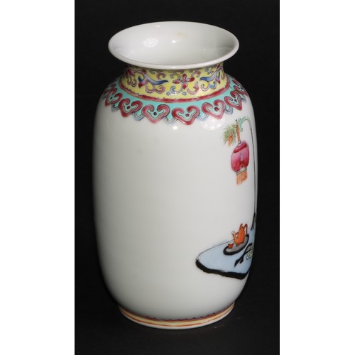 259 - A Chinese Republican ovoid vase, painted in polychrome with lady and boy in courtyard scene, script ... 