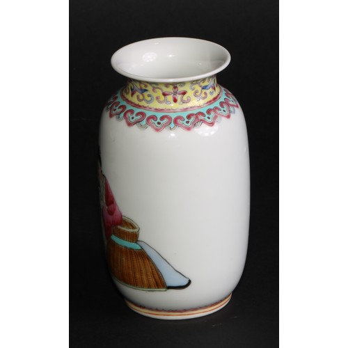 259 - A Chinese Republican ovoid vase, painted in polychrome with lady and boy in courtyard scene, script ... 