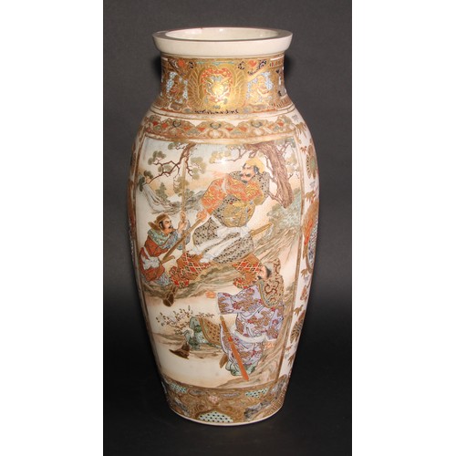 233 - A Japanese Satsuma ovoid vase, painted in the typical palette with samurai, 48cm high, Meiji period