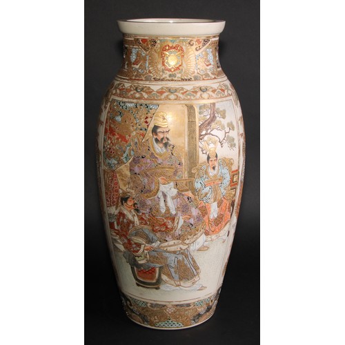 233 - A Japanese Satsuma ovoid vase, painted in the typical palette with samurai, 48cm high, Meiji period