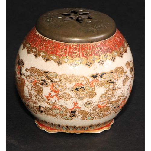 232 - A Japanese satsuma globular koro, painted in the typical palette and picked out in gilt, the silvere... 