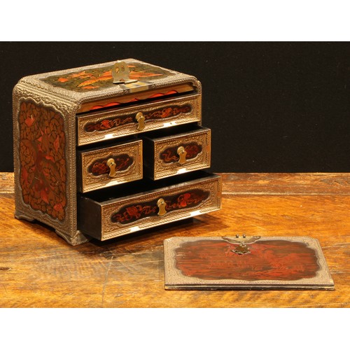 247 - A Chinese lacquer table cabinet, decorated with a monumental landscape, phoenix, flowers and scrolli... 