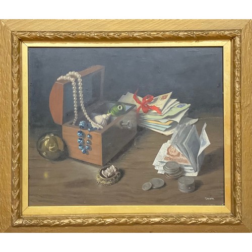 389 - English School (20th century)
Still Life, An Allegory,
signed Jason?, oil on board, 33.5cm x 41cm