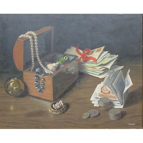 389 - English School (20th century)
Still Life, An Allegory,
signed Jason?, oil on board, 33.5cm x 41cm