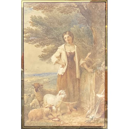 353 - Circle of George Moreland
Young Shepherdess
 verre églomisé mount, watercolour, 44cm x 29cm