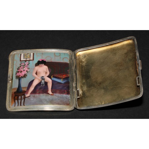 885 - Secret Erotica - an early 20th century silver and enamel erotic cigarette case, the exterior quite p... 