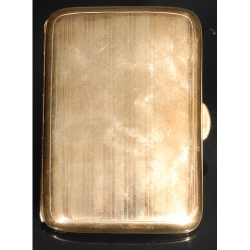 1179 - A 9ct gold curved rectangular cigarette case, engine turned in bands, 51g, 8.5cm high