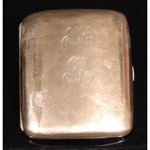 1180 - A 9ct gold curved rectangular cigarette case, engraved with initials, quite plain, 46g, 8cm high