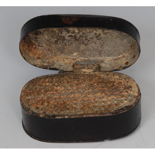 1192 - A George III toleware rounded rectangular  nutmeg grater, hinged cover applied with a white metal ca... 