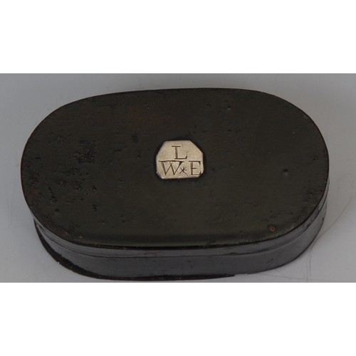 1192 - A George III toleware rounded rectangular  nutmeg grater, hinged cover applied with a white metal ca... 